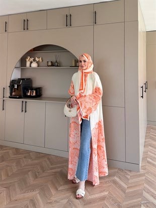Hint Desen Şallı Kimono/Abaya Turuncu (1082)