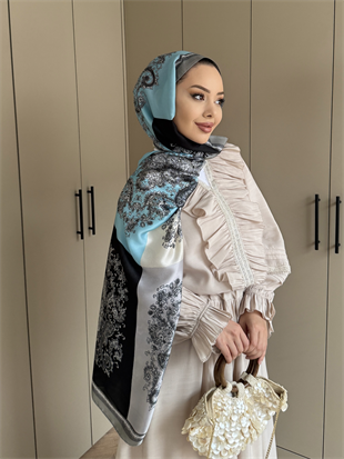 Hint İpeği Kare Desen Şal Mavi/Siyah 097