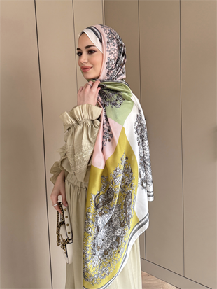 Hint İpeği Kare Desen Şal Pembe/Yağ Yeşili 097