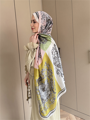 Hint İpeği Kare Desen Şal Pembe/Yağ Yeşili 097