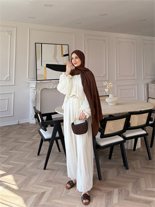 Honey Büzgülü Şifon Takım Beyaz (8412)