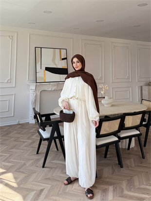Honey Büzgülü Şifon Takım Beyaz (8412)