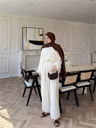 Honey Büzgülü Şifon Takım Beyaz (8412)