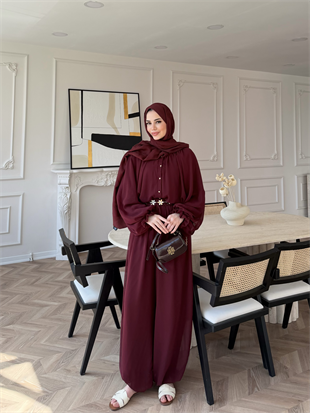 Honey Büzgülü Şifon Takım Bordo (8412)