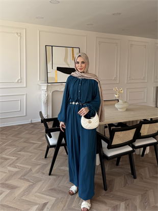 Honey Büzgülü Şifon Takım Turkuaz (8412)
