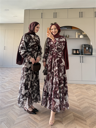 Hugo Kruvaze Şifon Etekli Takım Kahve (8338)