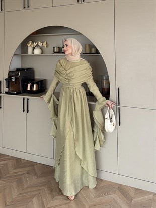 İbiza Volan Detaylı Drapeli Elbise Çağla (8375)