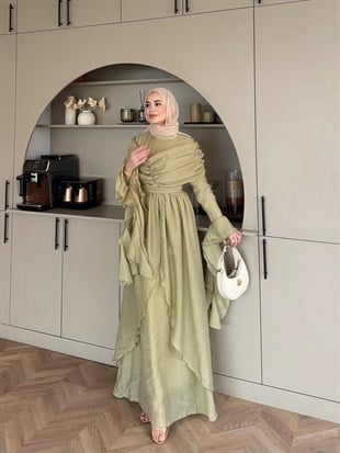 İbiza Volan Detaylı Drapeli Elbise Çağla (8375)