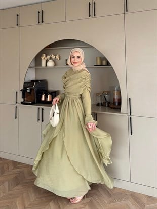 İbiza Volan Detaylı Drapeli Elbise Çağla (8375)