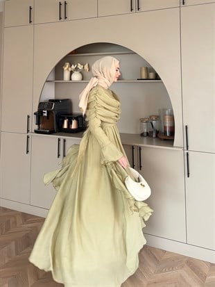 İbiza Volan Detaylı Drapeli Elbise Çağla (8375)