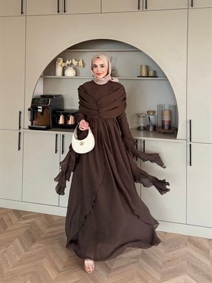 İbiza Volan Detaylı Drapeli Elbise Kahve (8375)