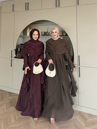 İbiza Volan Detaylı Drapeli Elbise Kahve (8375)