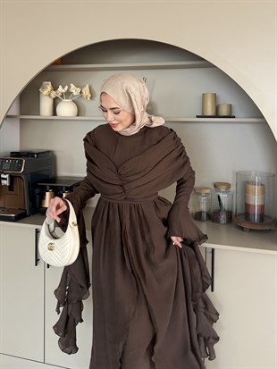 İbiza Volan Detaylı Drapeli Elbise Kahve (8375)