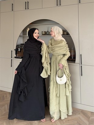İbiza Volan Detaylı Drapeli Elbise Siyah (8375)