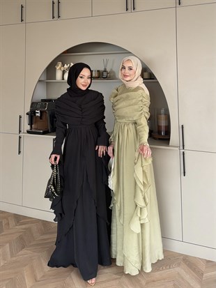 İbiza Volan Detaylı Drapeli Elbise Siyah (8375)