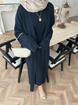 İç Elbiseli Kimono Triko Takım Lacivert