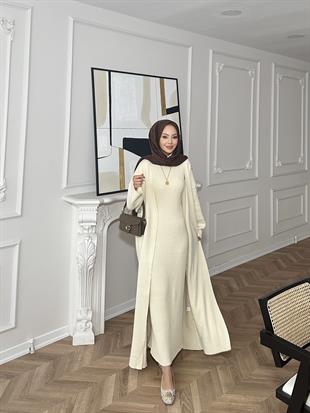 İç Elbiseli Kimono Triko Takım Vanilya Bej