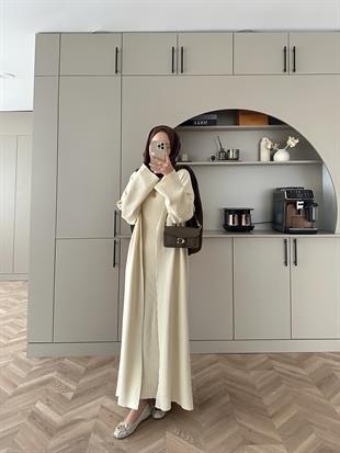 İç Elbiseli Kimono Triko Takım Vanilya Bej