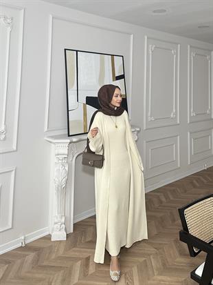 İç Elbiseli Kimono Triko Takım Vanilya Bej