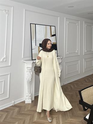 İç Elbiseli Kimono Triko Takım Vanilya Bej