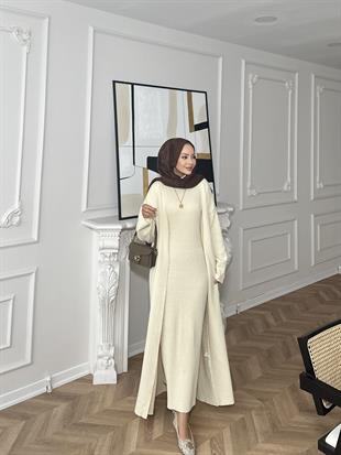İç Elbiseli Kimono Triko Takım Vanilya Bej