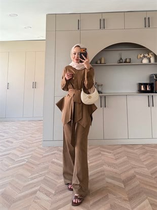 İlay Keten Pantolonlu Takım Camel (216)