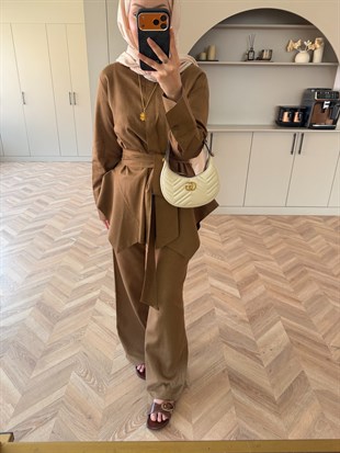 İlay Keten Pantolonlu Takım Camel (216)