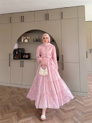 İlter Brode Nakışlı Elbise Pembe (26157)