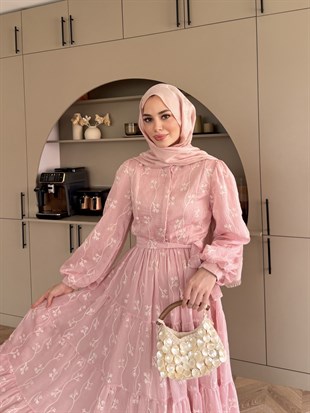 İlter Brode Nakışlı Elbise Pembe (26157)