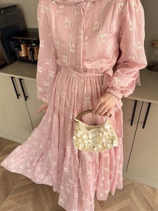 İlter Brode Nakışlı Elbise Pembe (26157)