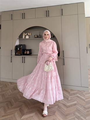 İlter Brode Nakışlı Elbise Pembe (26157)