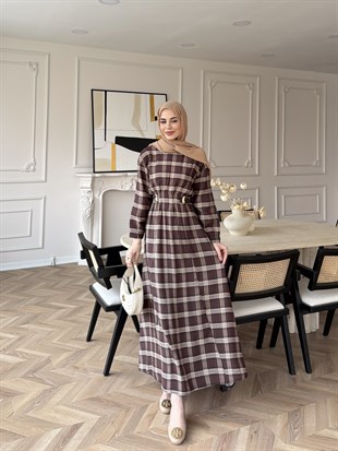 İlya Ekose Desen Elbise Acı Kahve (2342)