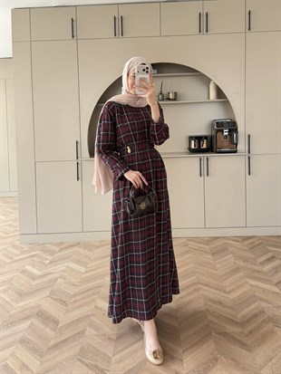 İlya Ekose Desen Elbise Bordo (2342)