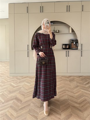 İlya Ekose Desen Elbise Bordo (2342)