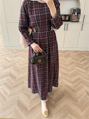 İlya Ekose Desen Elbise Bordo (2342)