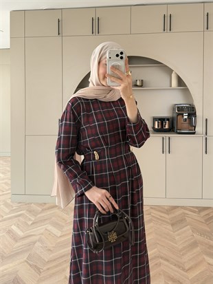 İlya Ekose Desen Elbise Bordo (2342)