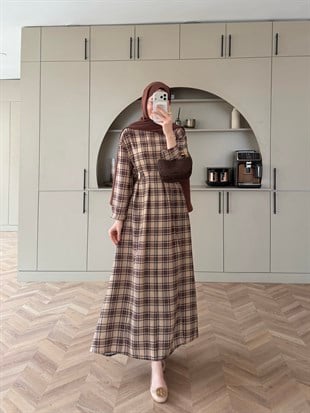 İlya Ekose Desen Elbise Koyu Kahve (2342)