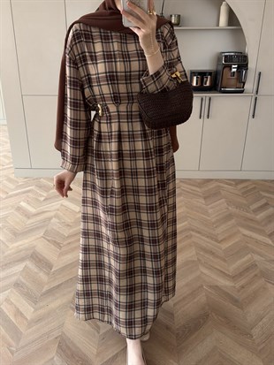 İlya Ekose Desen Elbise Koyu Kahve (2342)