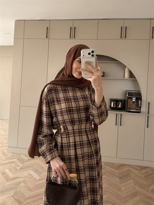 İlya Ekose Desen Elbise Koyu Kahve (2342)