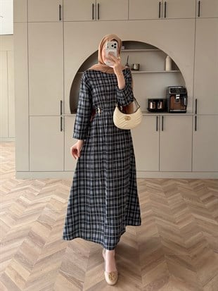 İlya Ekose Desen Elbise Lacivert (2342)