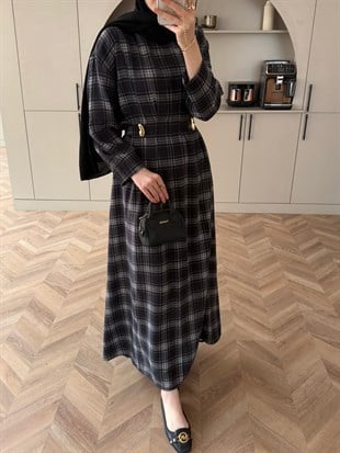 İlya Ekose Desen Elbise Siyah (2342)