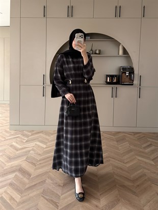 İlya Ekose Desen Elbise Siyah (2342)