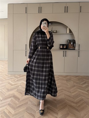 İlya Ekose Desen Elbise Siyah (2342)