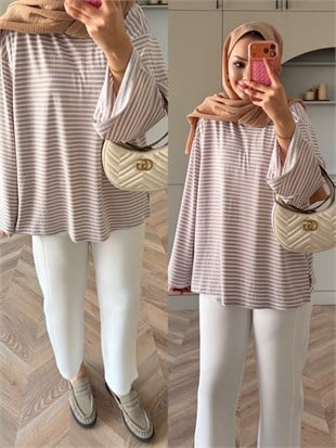 İnce Çizgili Basıc Sweat Bej (4602)