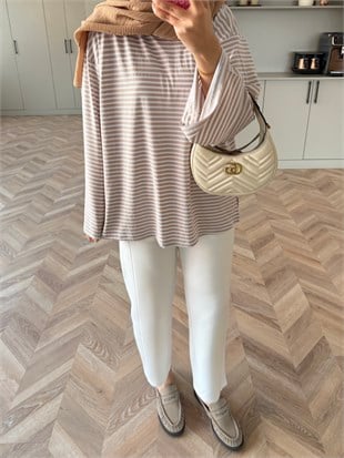İnce Çizgili Basıc Sweat Bej (4602)