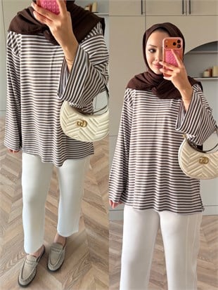 İnce Çizgili Basıc Sweat Kahve (4602)