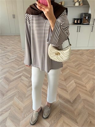 İnce Çizgili Basıc Sweat Kahve (4602)