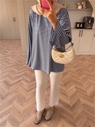İnce Çizgili Basıc Sweat Lacivert (4602)