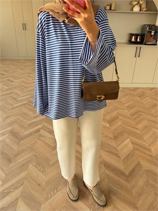 İnce Çizgili Basıc Sweat Mavi (4602)