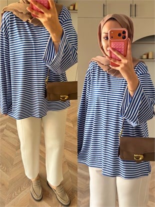 İnce Çizgili Basıc Sweat Mavi (4602)